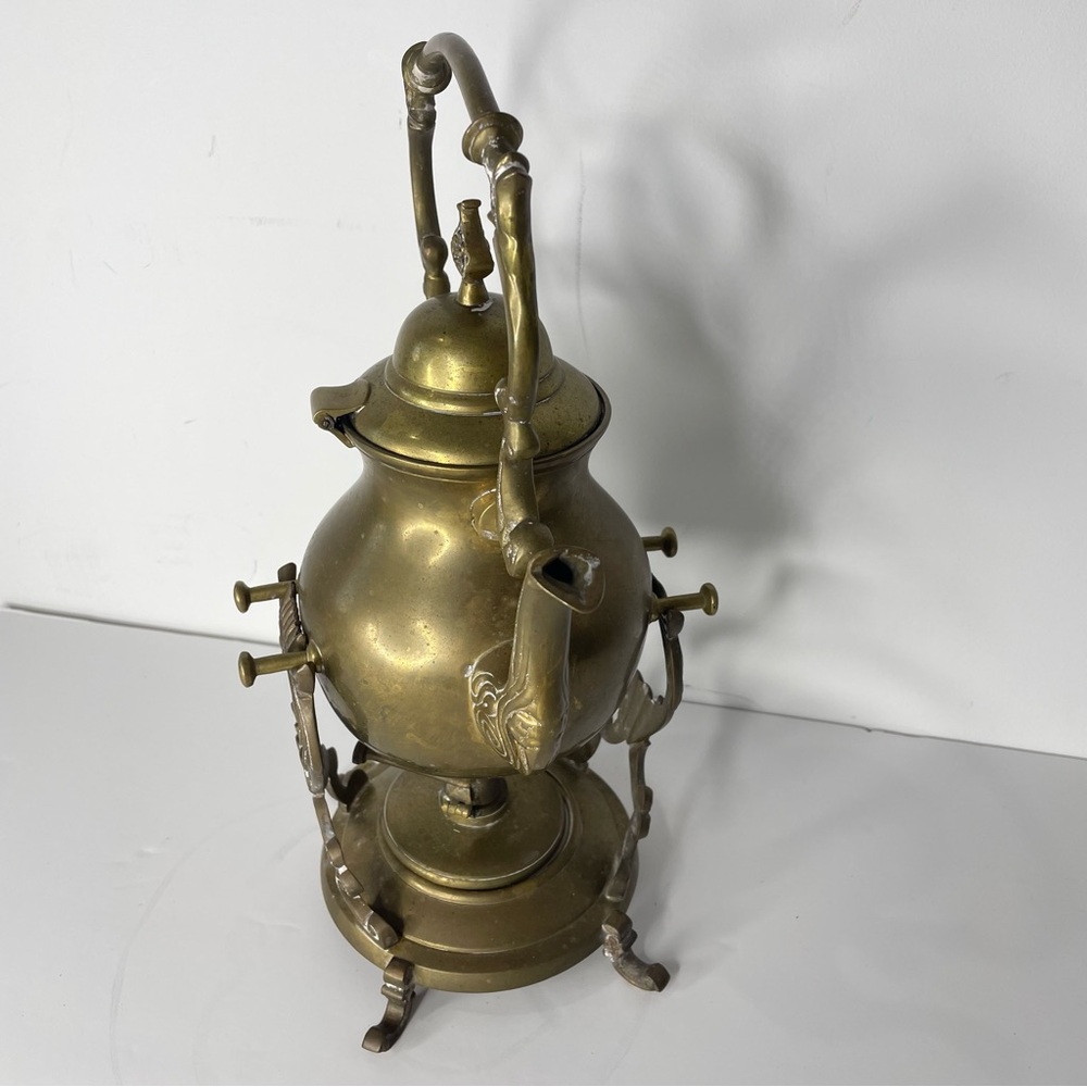 Vintage Brass Tipping Teapot with Stand & Burner India Tea Set Warmer 13” Tall - Picture 4 of 12